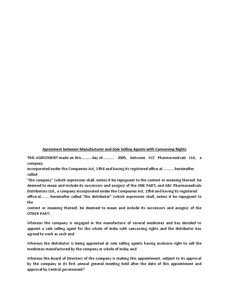 Agreement between manufacturer and sole selling agents with canvassing