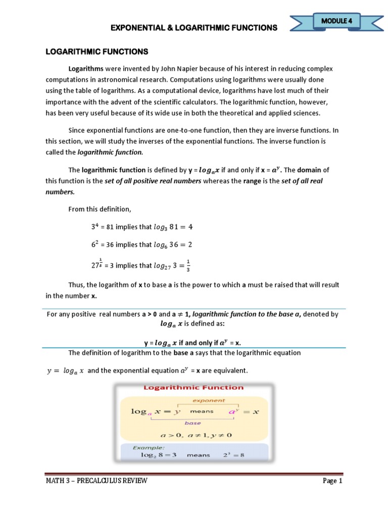 Exponential & Logarithmic Functions Logarithmic Functions Logarithms ...