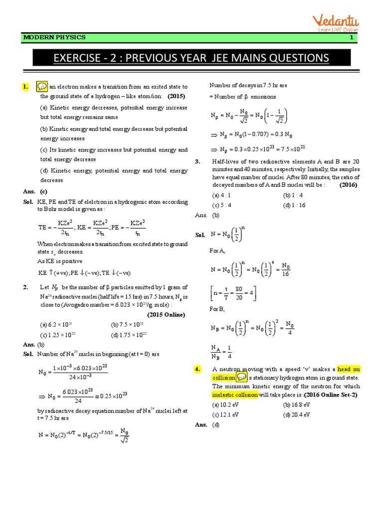 JEE Mains Modern Physics Questions | PDF | Photoelectric Effect | Electron