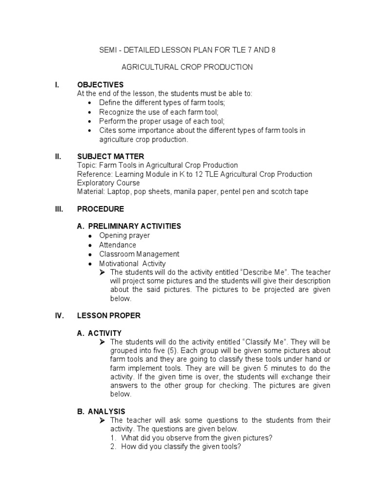 Detailed Lesson Plan For Tle 7 and 8 | PDF | Lesson Plan | Teachers