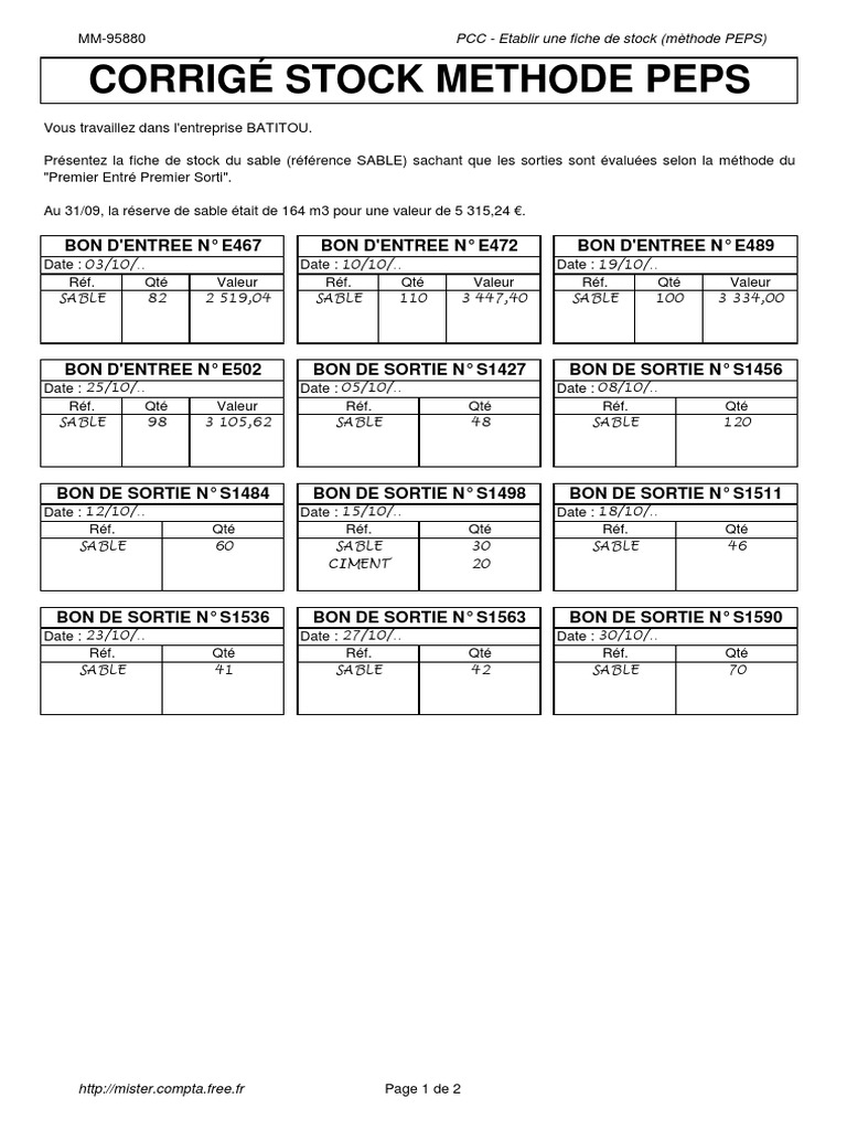 Fiche de stock sable méthode PEPS | PDF