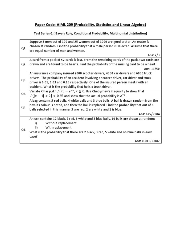 Paper code aiml 209 probability statistics and linear algebra pdf