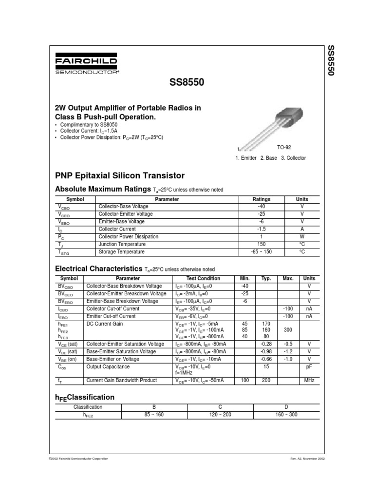 Transistor Datasheet SS8550 1.5A 25V PNP [FAIRCHILD] PDF Bipolar