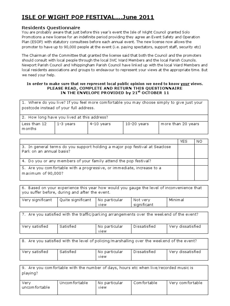 Isle of Wight Pop Festival .June 2011: Residents Questionnaire | PDF ...
