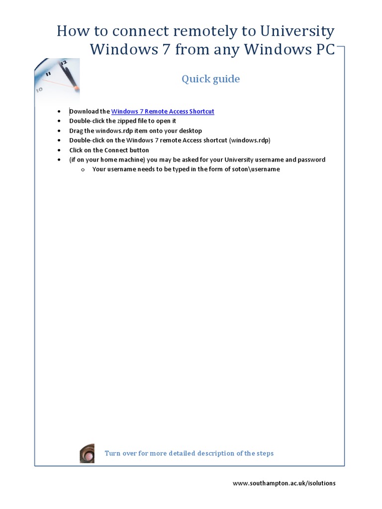 How+to+connect+remotely+to+University+Windows+7+from+any+Windows+PC | PDF