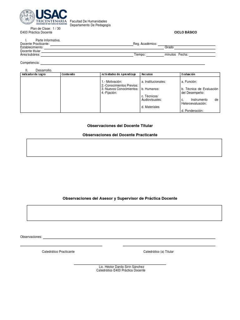 Formato Plan De Clase Ciclo Básico Y Diversificado Pdf Maestros