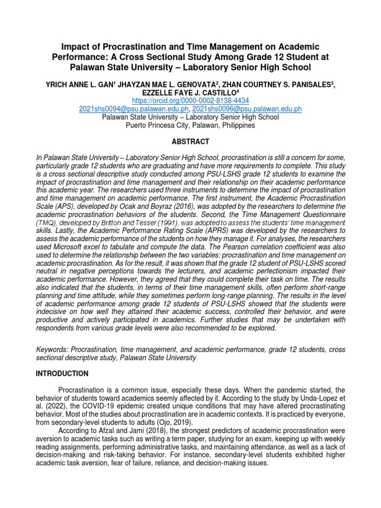 Impact Of Procrastination And Time Management On Academic Performance