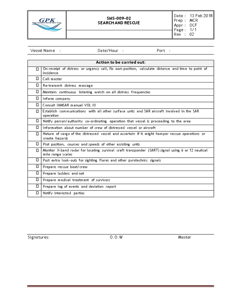 SMS-009 Search and Rescue Procedures | PDF