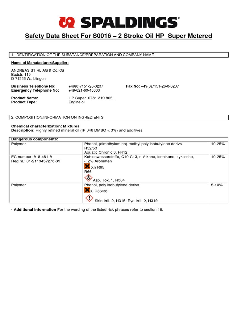 S0016 MSDS Stihl Two Stroke Oil HP Super PDF Dangerous Goods Waste