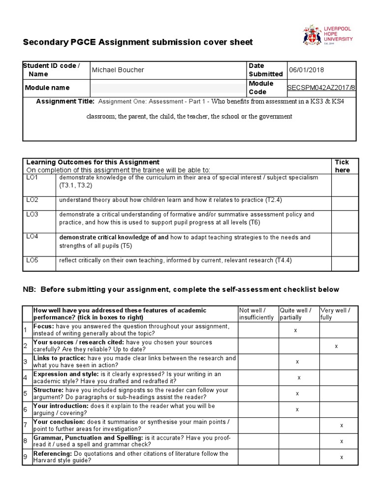 PGCE Assignment Cover Sheet: Assessment | PDF | Educational Assessment ...