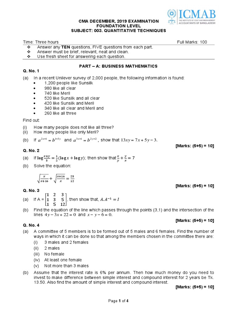 Cma December, 2019 Examination Foundation Level Subject 003