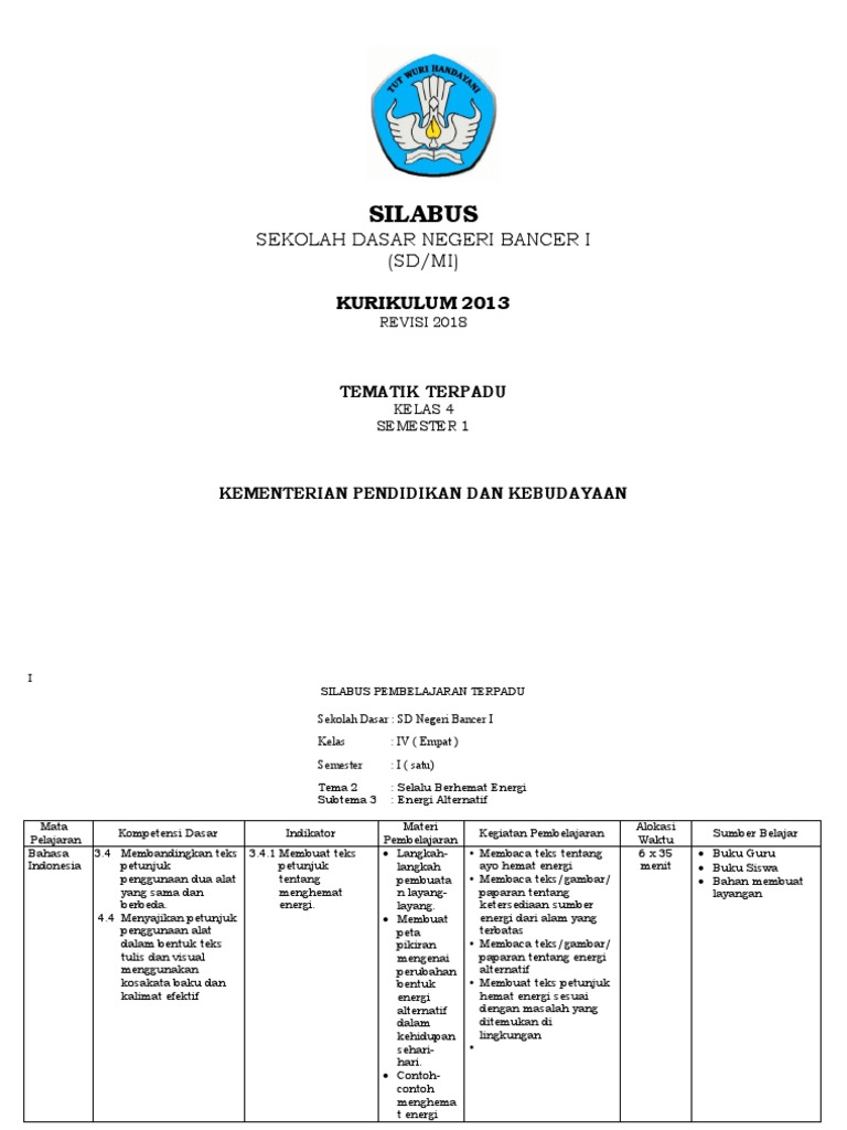 Silabus Kelas 4: Energi Alternatif SDN Bancer I | PDF