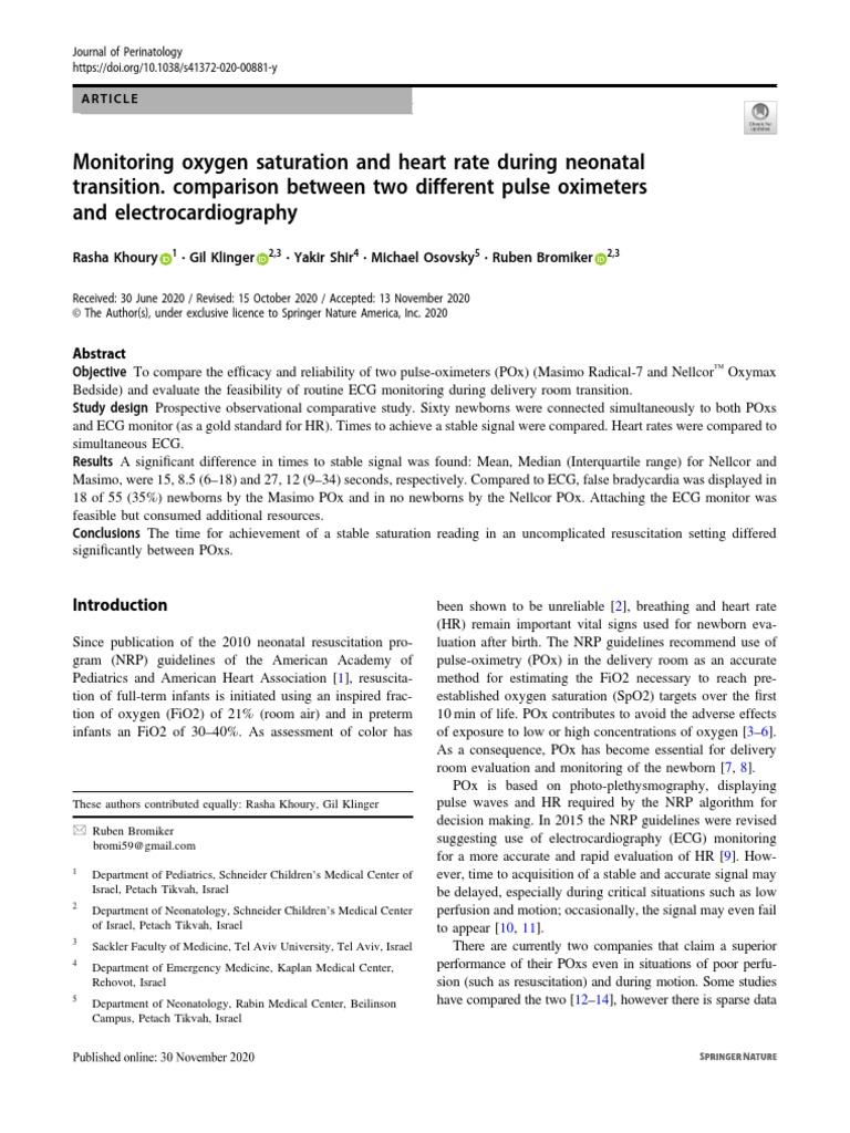 Khoury 2020 Monitoring Spo2 HR During Neonatal Transition Comparison ...
