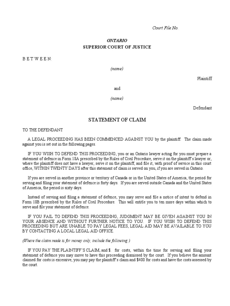 Ontario Statement of Claim Template | PDF | Separation Of Powers ...