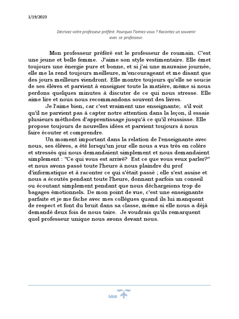 Mon Professeur Préféré : Un Éducateur Unique | PDF | Développement ...