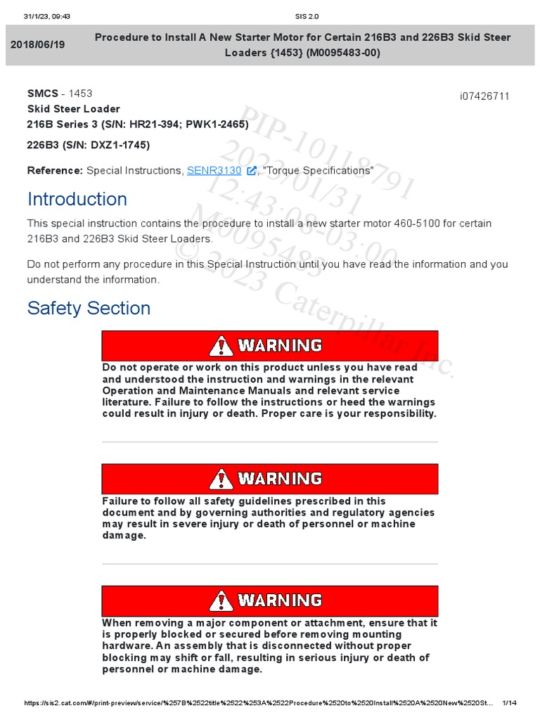 Procedure To Install A New Starter Motor For Certain 216B3 and 226B3