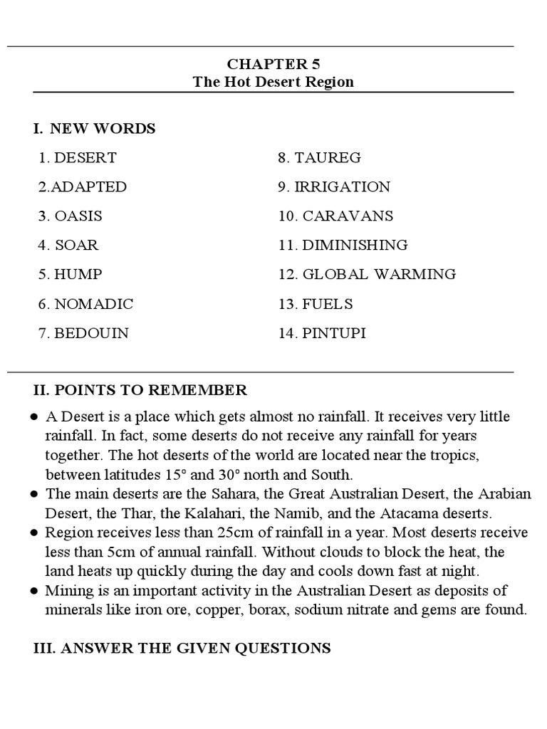 Hot Desert Region for Class 5 | PDF | Desert | Rain