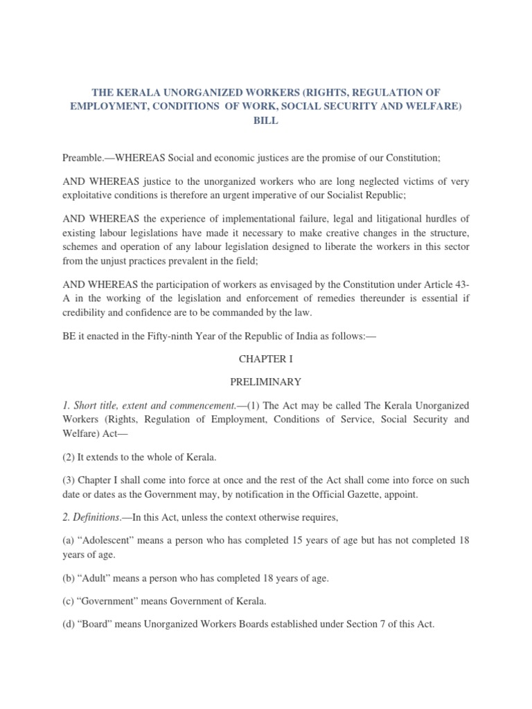 Kerala Unoroganised Workers Rights Regulation of Employment Conditions ...