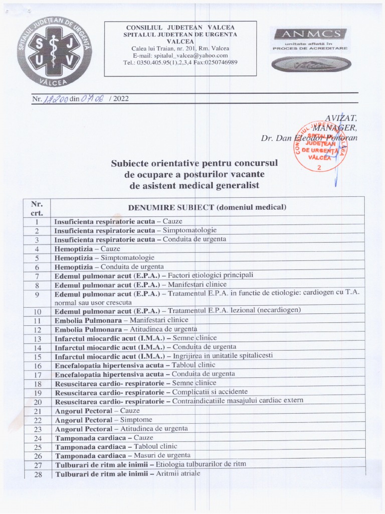 Teste Asistent Medical Generalist Tematica Asistent Medical Generalist | PDF