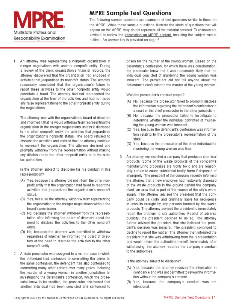 MPRE Sample Test Questions PDF Lawyer Prosecutor