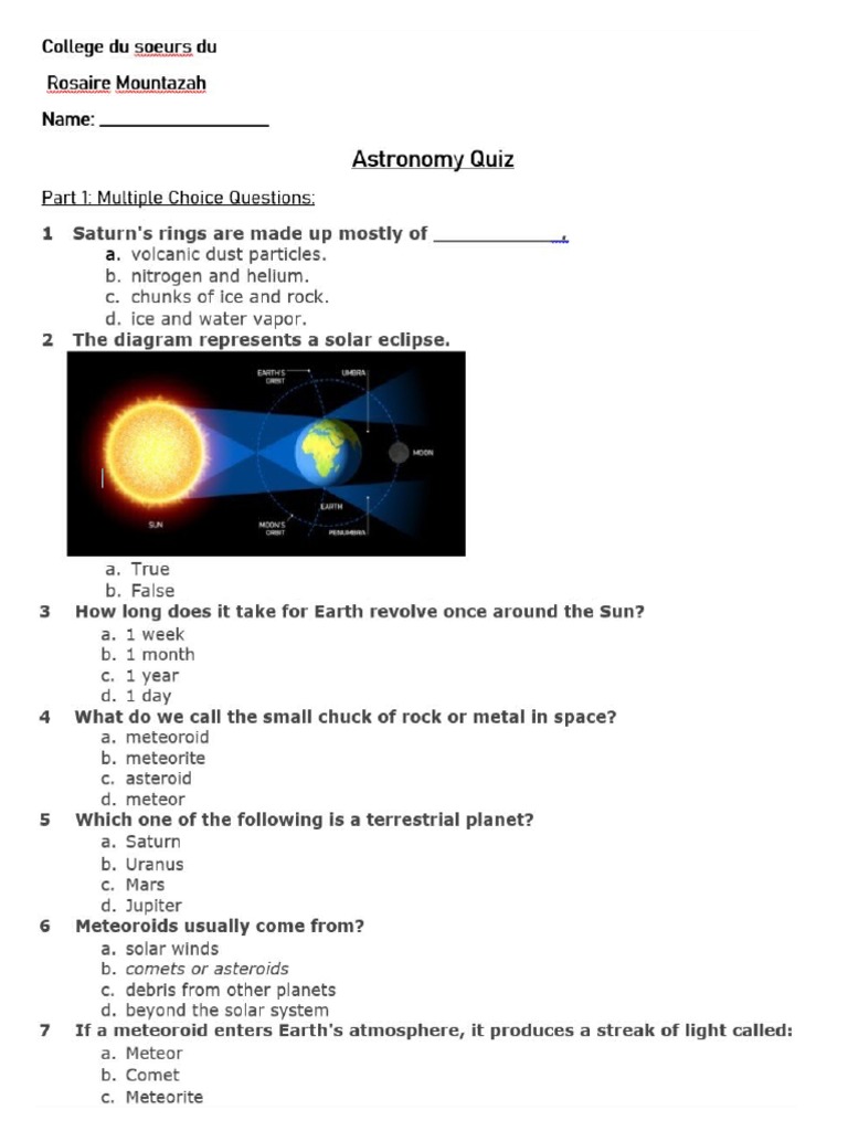 Astronomy Quiz PDF