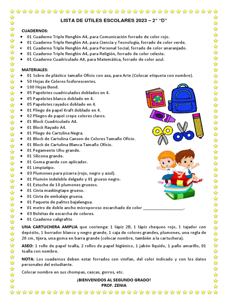 Lista de Útiles Escolares 2023 2 Grado | PDF