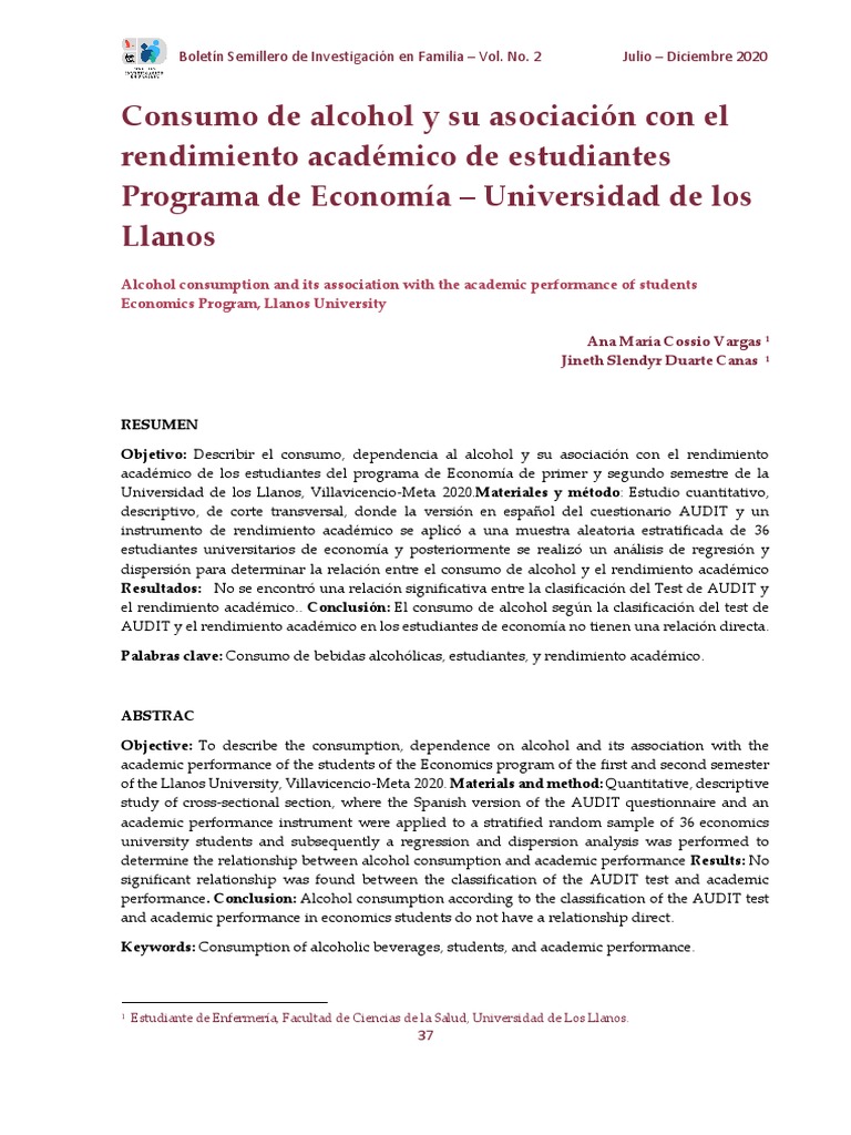 Consumo de Alcohol y Su Asociación Con El Rendimiento Academico. | PDF