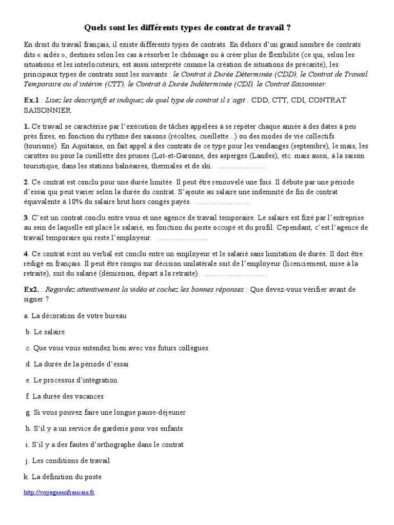 Types de Contrat de Travail - Ex | PDF | Intérim (travail) | Travail