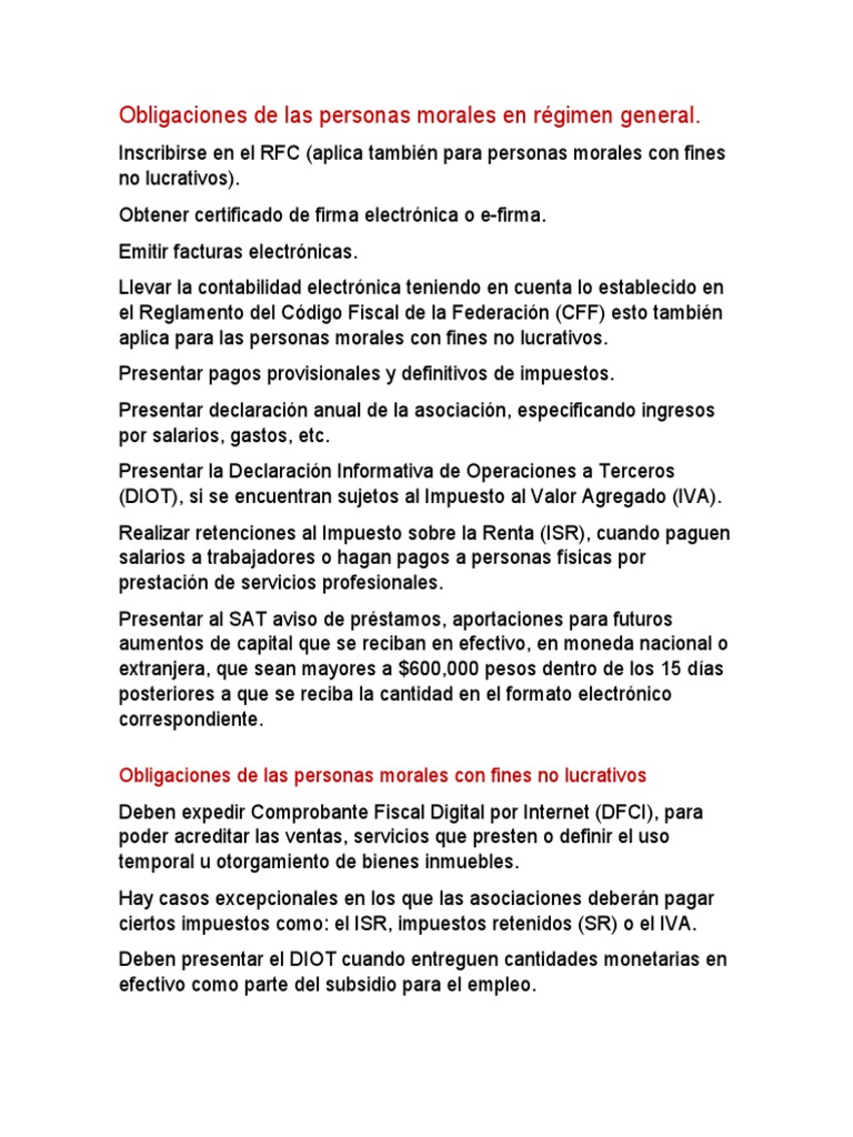 Obligaciones de Personas Morales en Régimen General | PDF | Impuestos ...