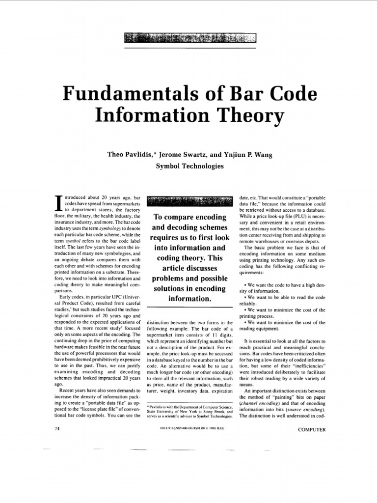 Fundamentals bar code information theory the0 pavlidis jerome swartz
