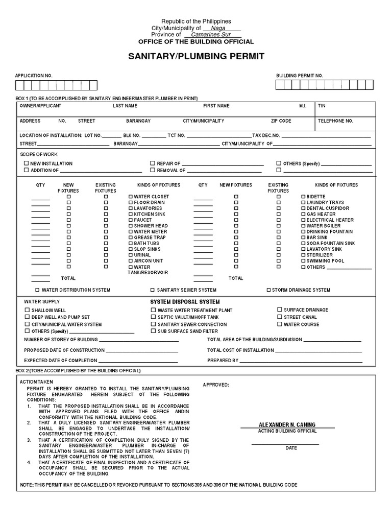 Sanitary/Plumbing Permit Office of The Building Official PDF