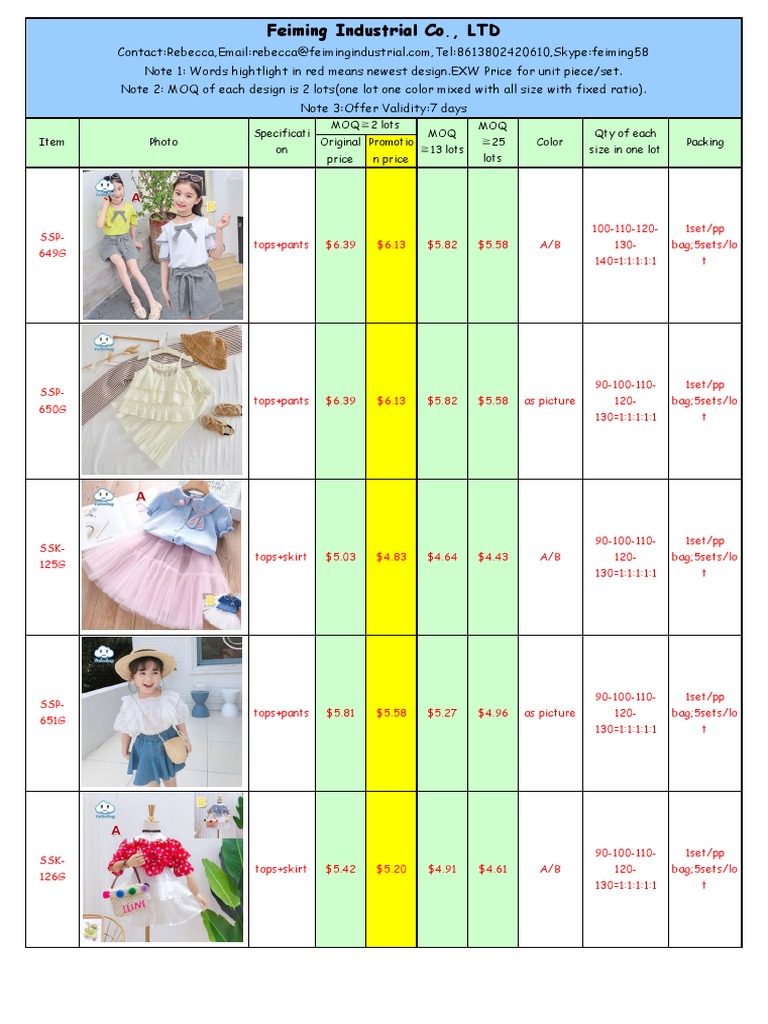 Original Price Promotio N Price Qty of Each Size in One Lot Packing MOQ