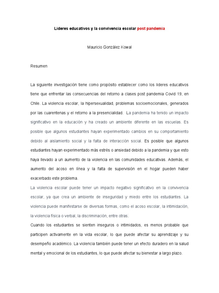 Lideres Educativos Y La Convivencia Escolar Post Pandemia Pdf