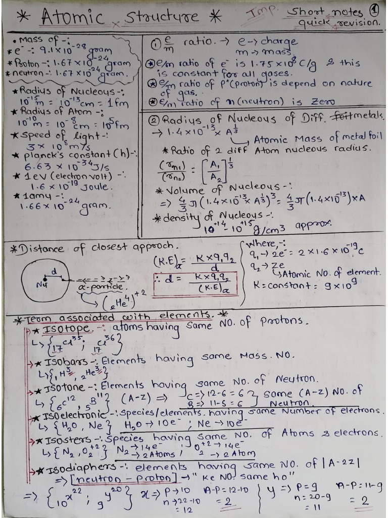 Short Notes Atomic Structure | PDF