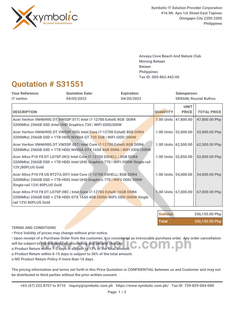 Quotation S31551 Your Reference Quotation Date Expiration