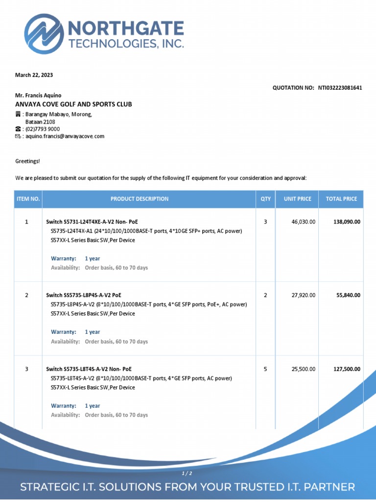 IT Equipment Quotation for Anvaya Cove | PDF | Computers | Technology ...