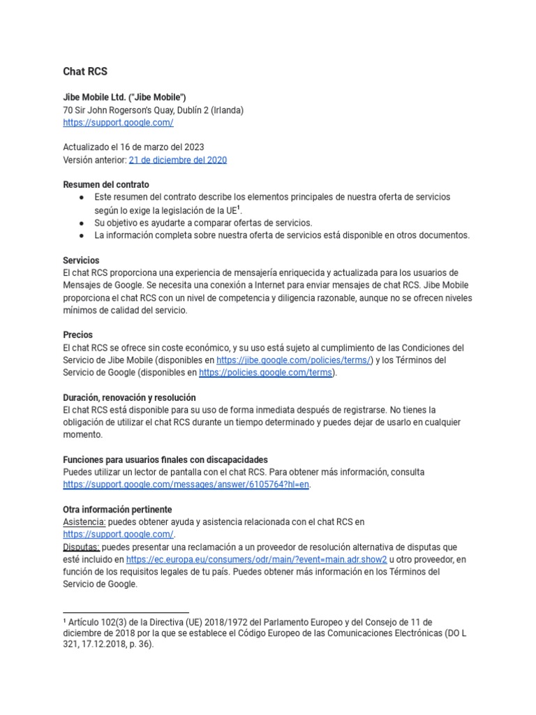 Chat RCS Jibe Mobile Ltd. ("Jibe Mobile") PDF Chat en linea Privacidad