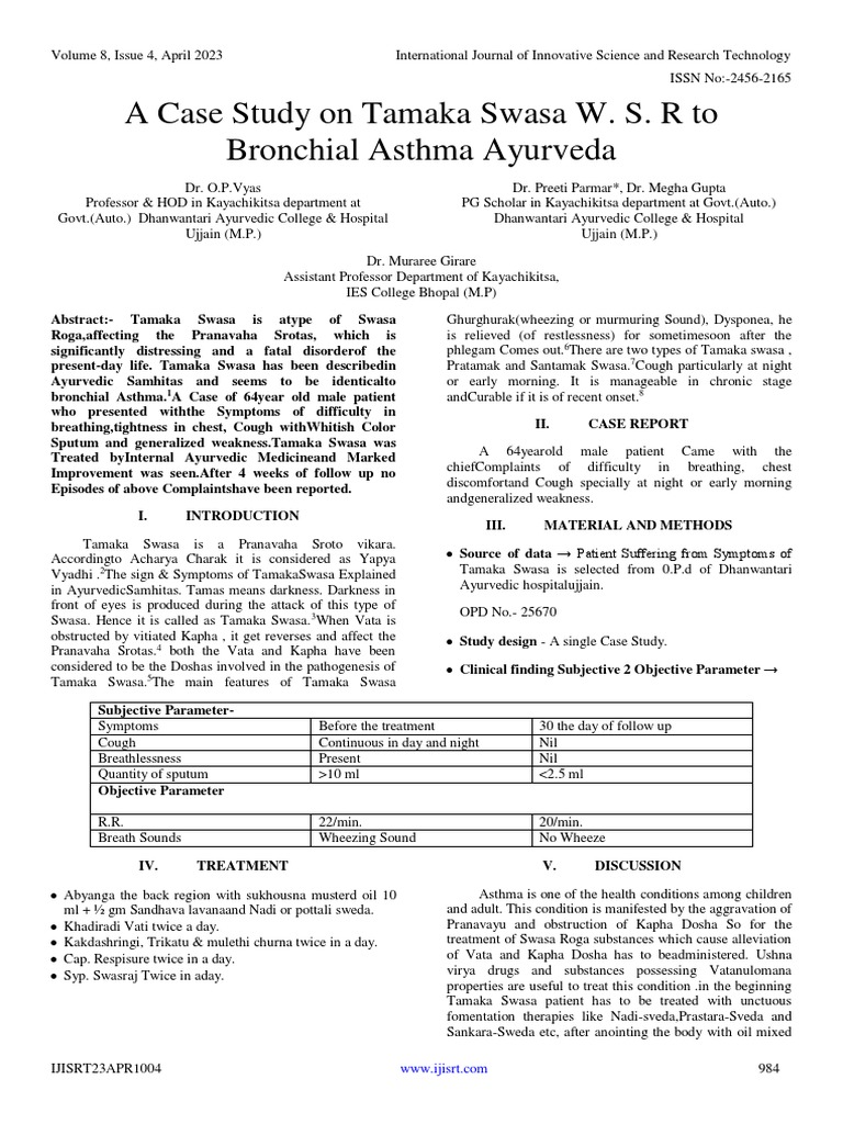 A Case Study On Tamaka Swasa W. S. R To Bronchial Asthma Ayurveda | PDF ...