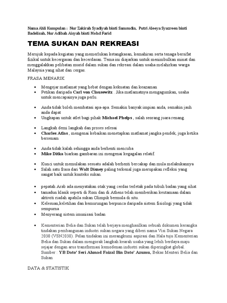 Tema Sukan dan Rekreasi di Malaysia | PDF | Olahraga & Rekreasi