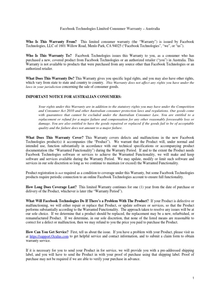 Limited Consumer Warranty Australia English PDF Product Liability