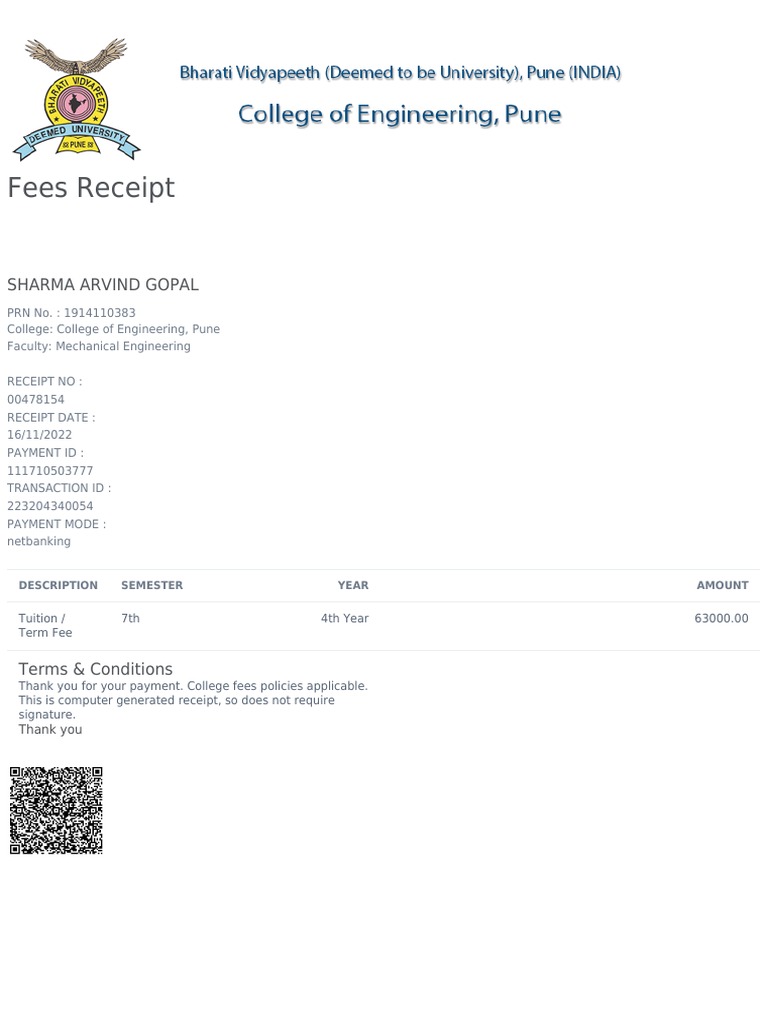 Fees Receipt: Sharma Arvind Gopal | PDF