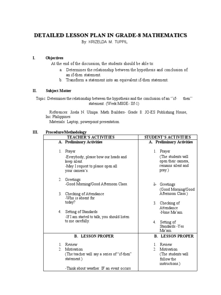 Detailed Lesson Plan in Grade-8 Mathematics: I. Objectives | PDF ...
