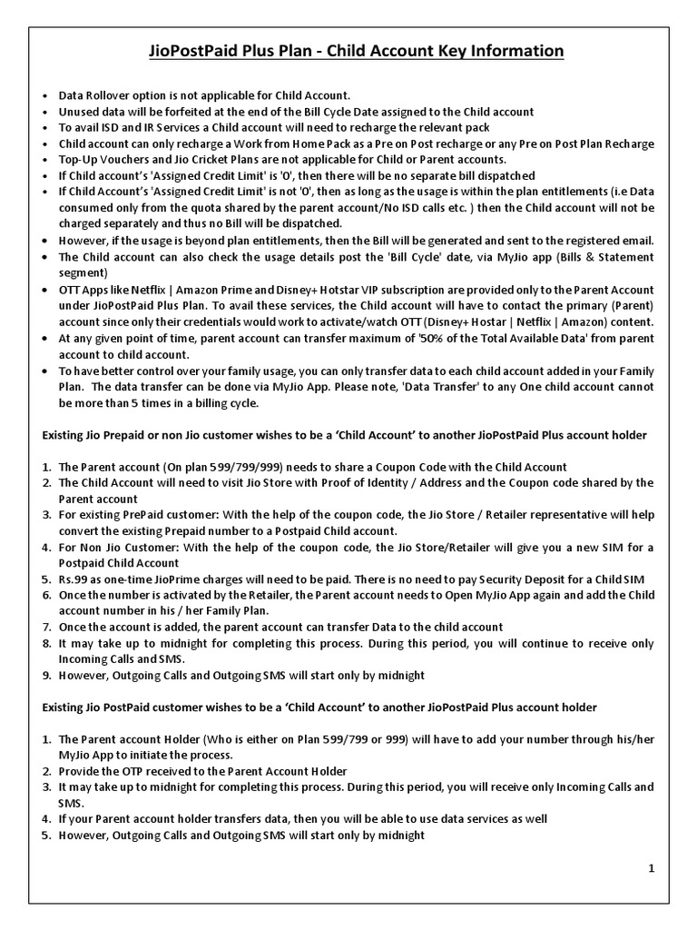 Jiopostpaid Plus Plan Child Account Key Information PDF Prepaid 