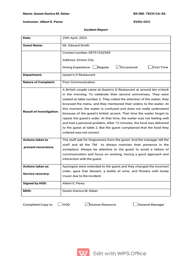 Kitchen Incident Report: Guest Complaint | PDF