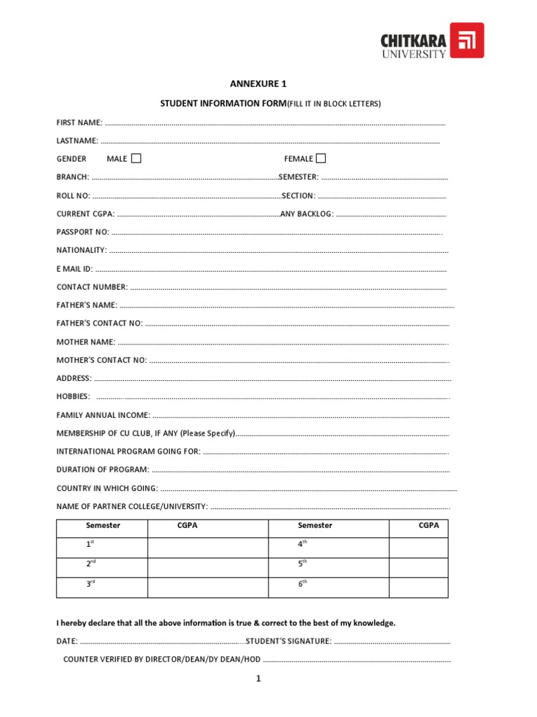 Student Information Form - Annexure 1 | PDF