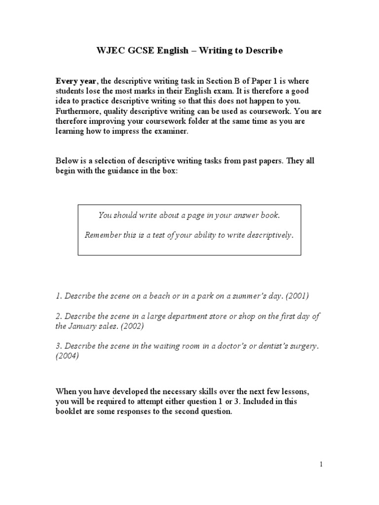 Descriptive Writing for WJEC GCSE English | PDF | Foreign Language ...