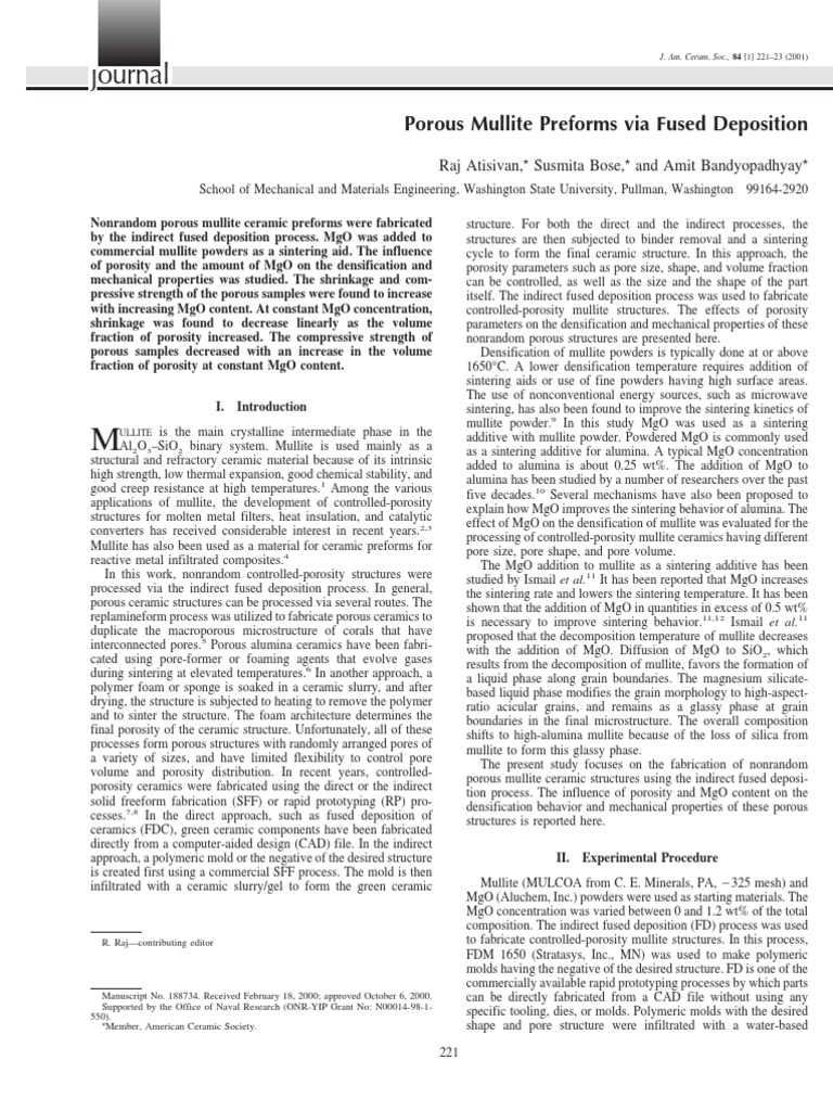 Porous Mullite Preforms via Fused Deposition | PDF | Sintering | Porosity