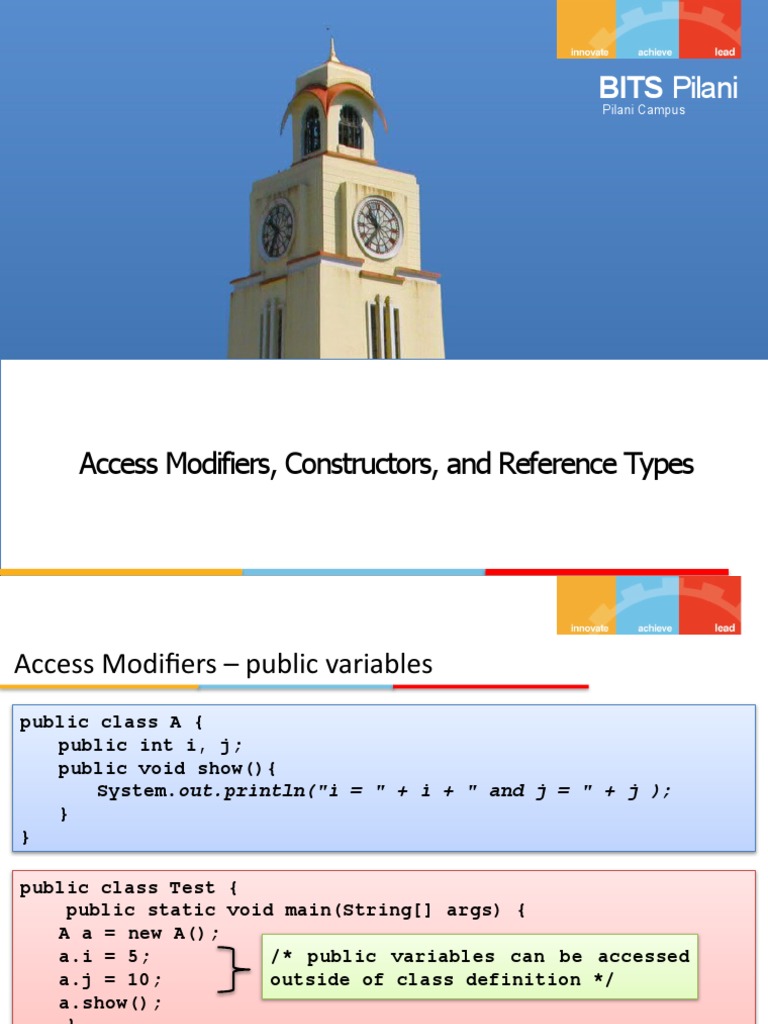 BITS Pilani: Access Modifiers, Constructors, and Reference Types | PDF