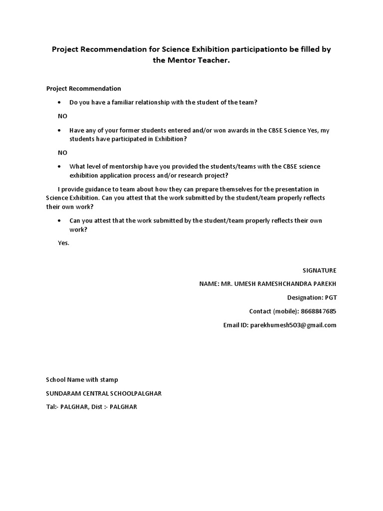 Project Recommendation For Science Exhibition Participationto Be Filled ...