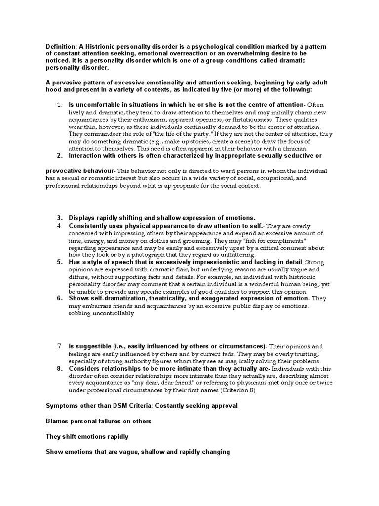 Histrionic Personality Disorder | PDF | Personality Disorder | Mental ...
